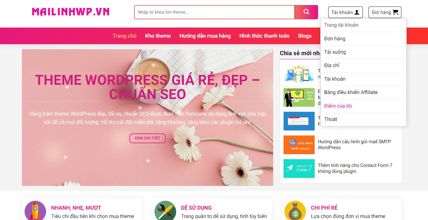 Tích lũy điểm thưởng giảm giá sau mỗi mua theme tại: MailinhWP 2 Tích lũy điểm thưởng giảm giá sau mỗi mua theme tại: MailinhWP