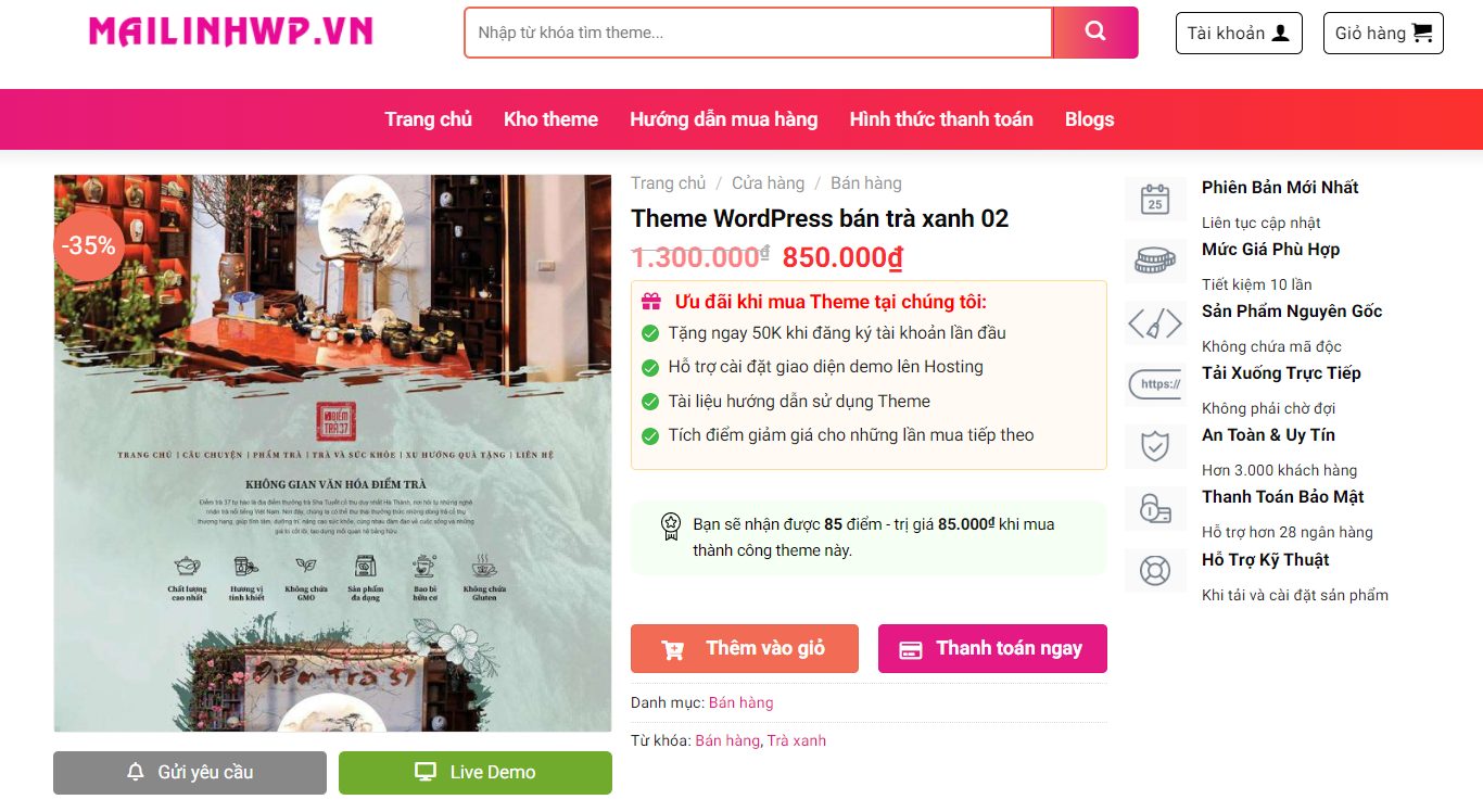 Tích lũy điểm thưởng giảm giá sau mỗi mua theme tại: MailinhWP 6 Tích lũy điểm thưởng giảm giá sau mỗi mua theme tại: MailinhWP