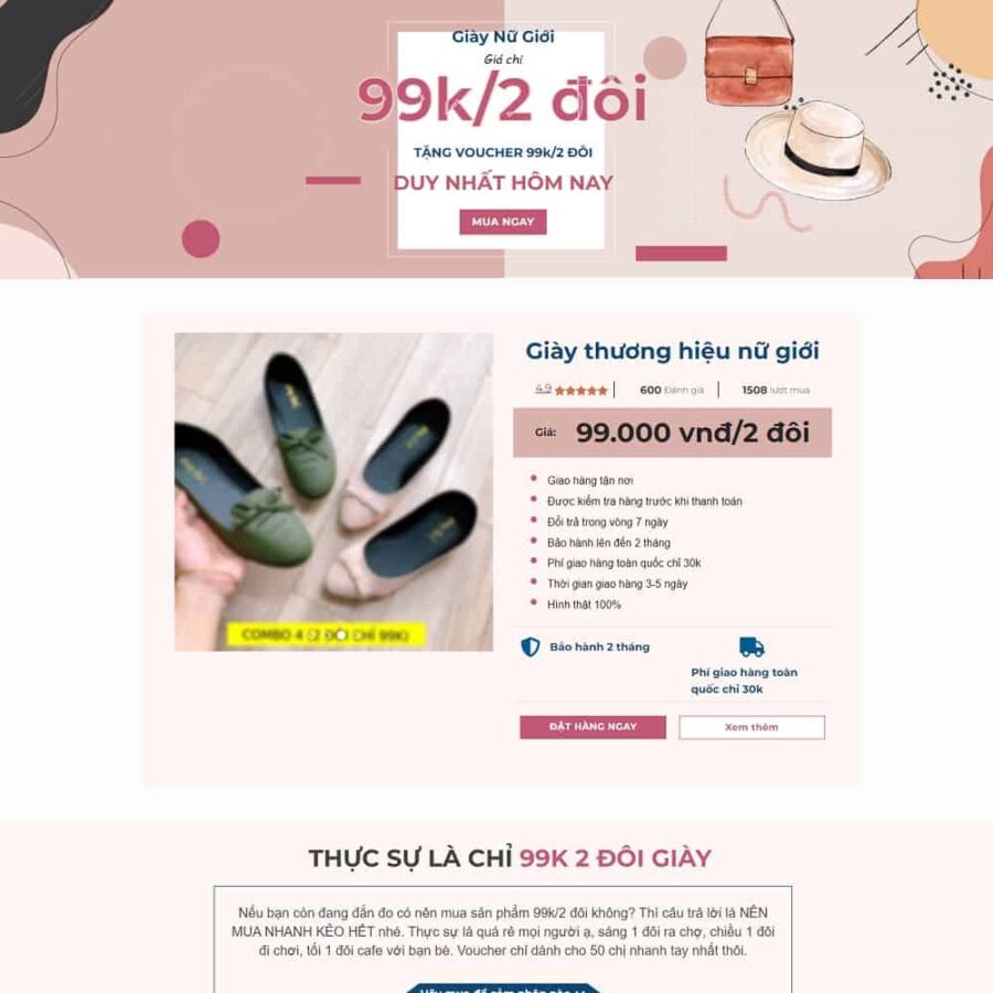 Theme WordPress Lading Page bán giày, dép nữ
