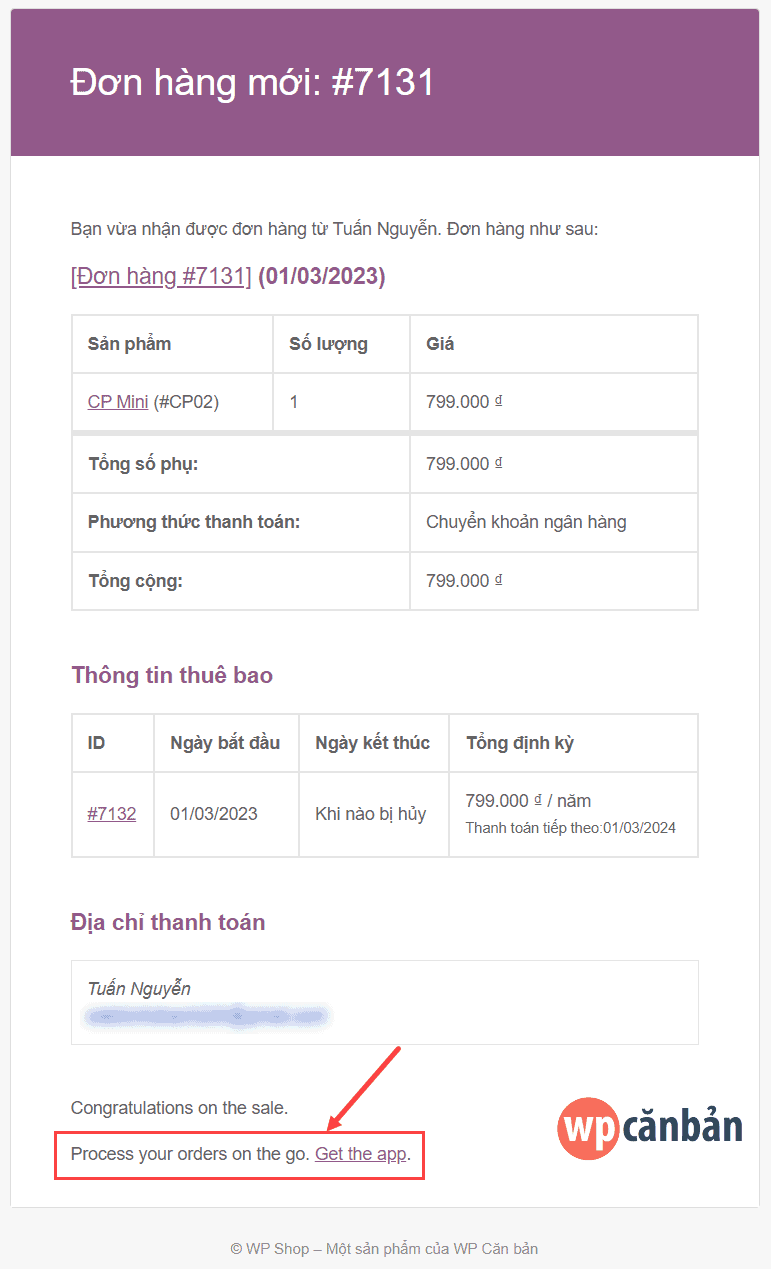 Loại bỏ “Get the app” khỏi email của WooCommerce